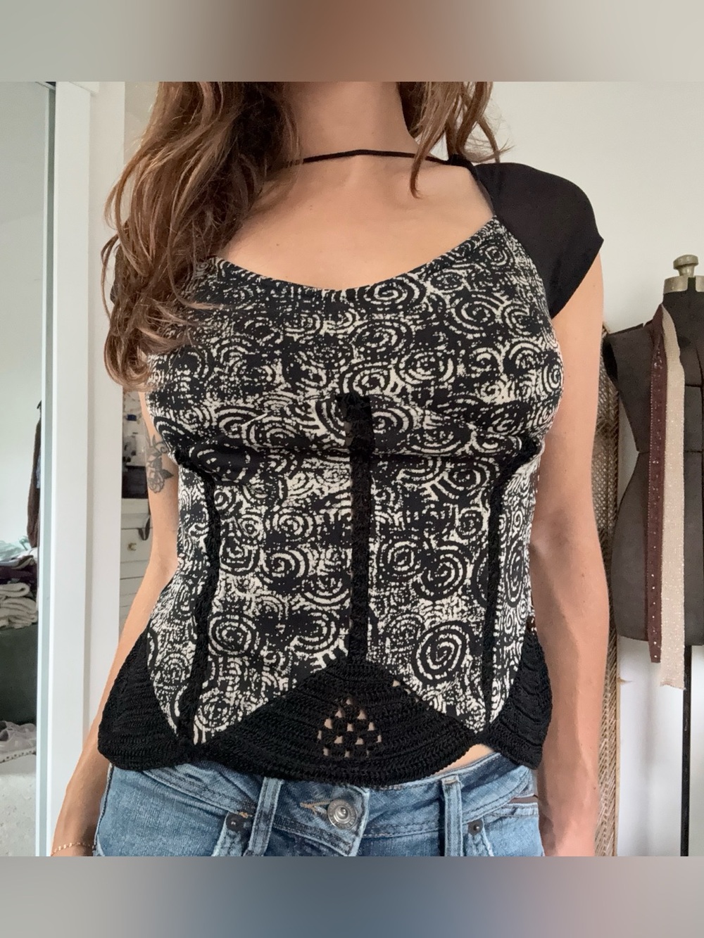 Vintage Satya Paul Spiral Print Fitted Top Silk Crochet Black Ivory M Y2K